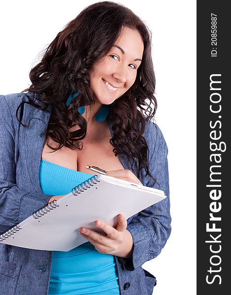 Picture Of Happy Woman With Big Notepad