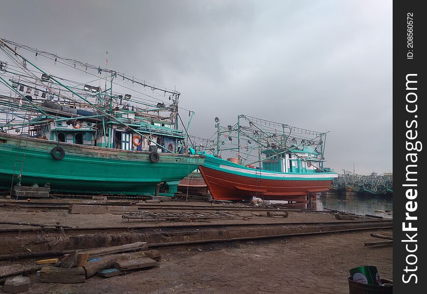 Traditional Fisherman Ship, Jakarta, Indonesia - 2021. Traditional fisherman ship is being repaired in the workshop