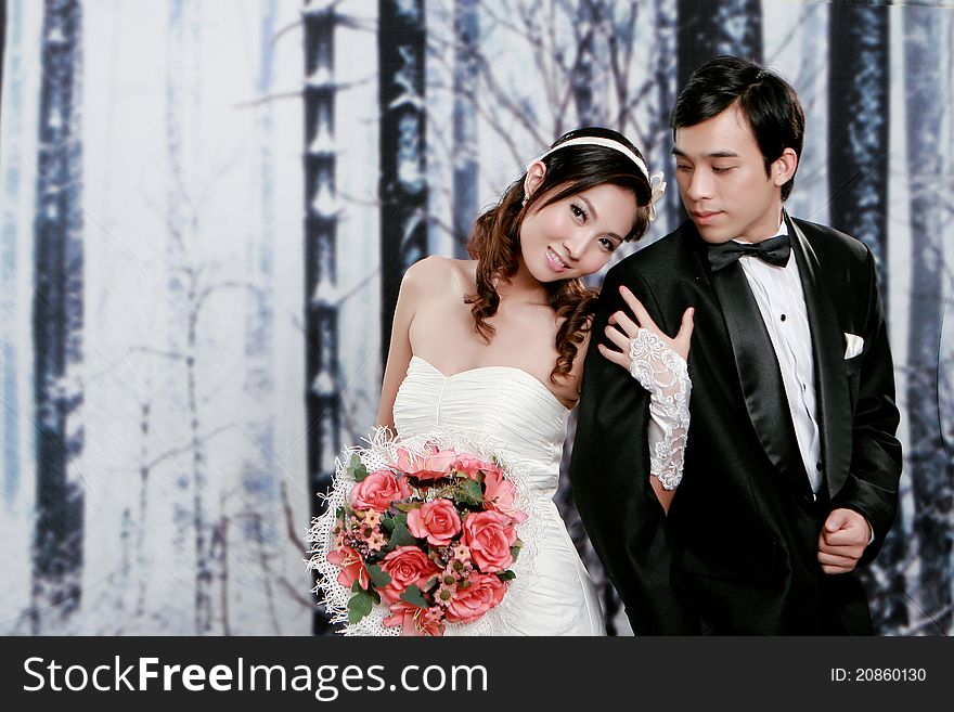 Portrait of young asian couple in romantic action