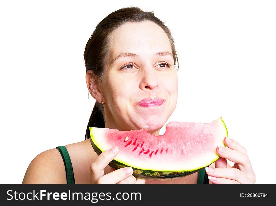 Beautiful Young Woman Eat Juicy Watermelon