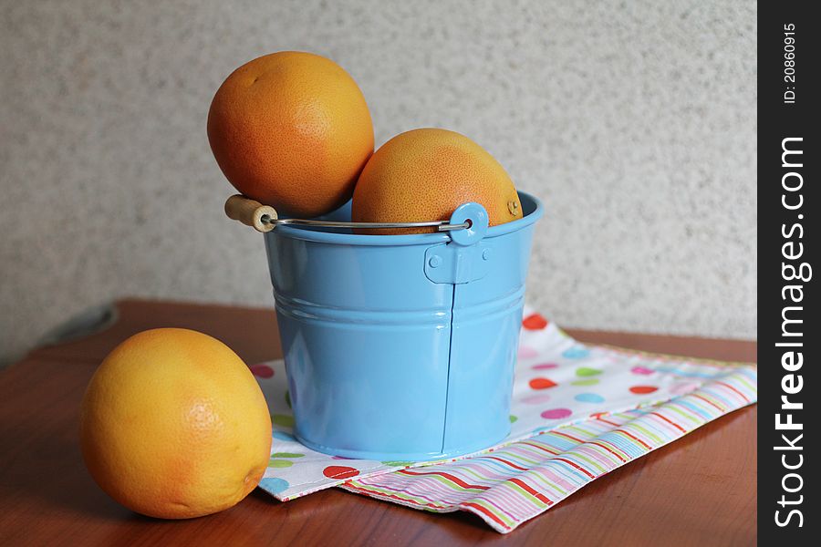 Grapefruit in a blue bucket. Grapefruit in a blue bucket