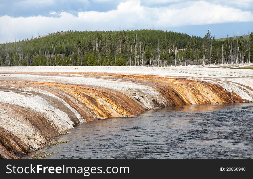 This is a landscape scene from the Black Sand Basin in Yellowstone National Park, Wyoming