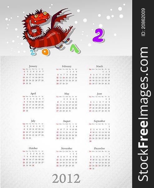 Calendar 2012 With A Red Dragon: On White