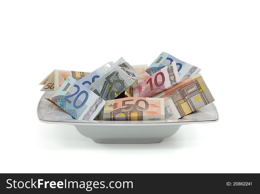 Salad bowl full of euro notes of different values. Salad bowl full of euro notes of different values