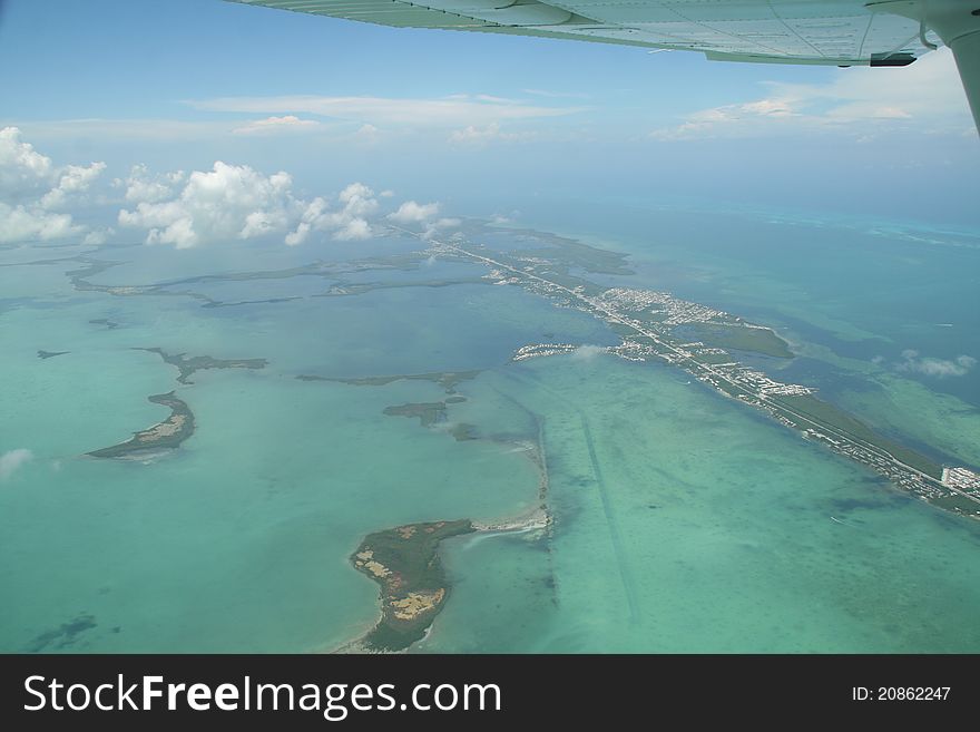 Aerial view of Florida Keys from small airplane. Aerial view of Florida Keys from small airplane