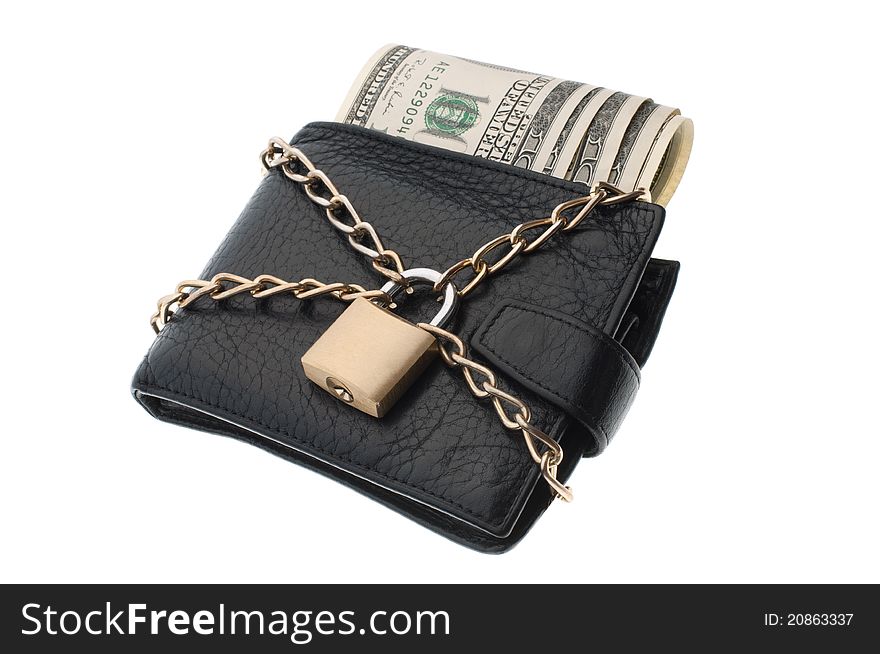 Closed wallet with dollars, isolated on white