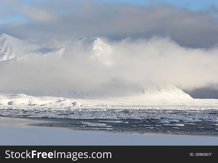 Arctic winter landscape - sea, glacier, mountains - Arctic, Spitsbergen, Svalbard