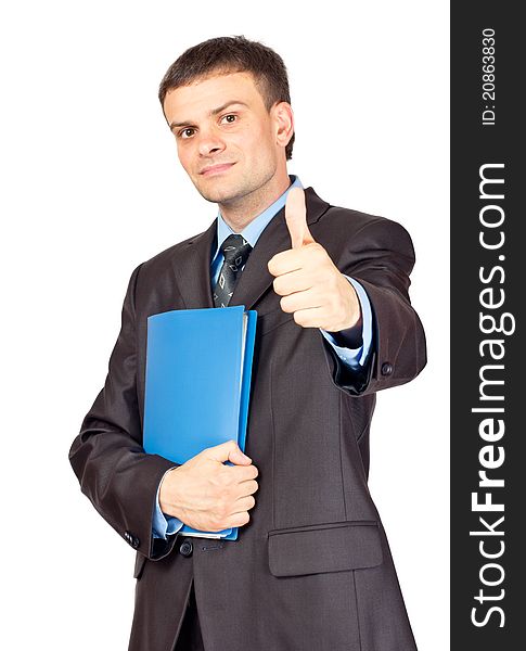 Young Businessmen making his thumb up saying OK and with folder in other hand. Isolated on white.