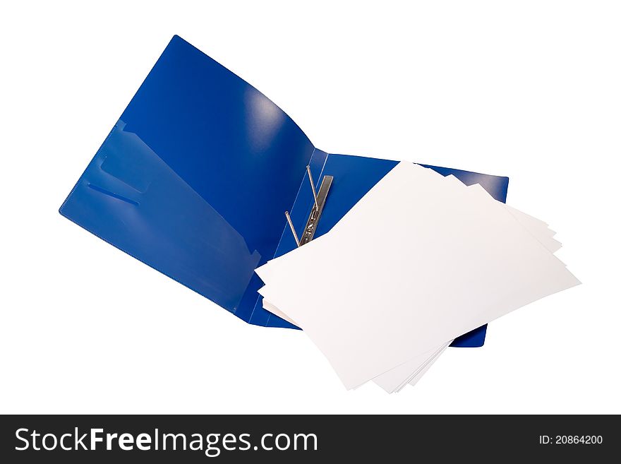 Blue open folder with a bunch of paper on a white background
