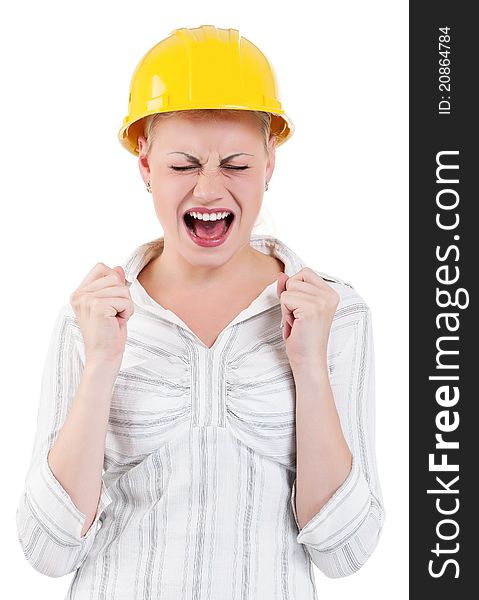 Portrait of attractive architect girl with hard hat - isolated on white background