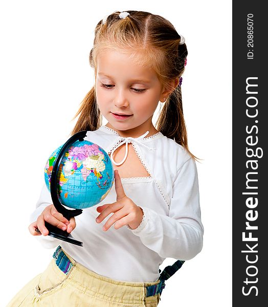 Girl with globe isolated on white background