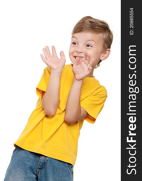 Portrait of scared little boy over white background. Portrait of scared little boy over white background