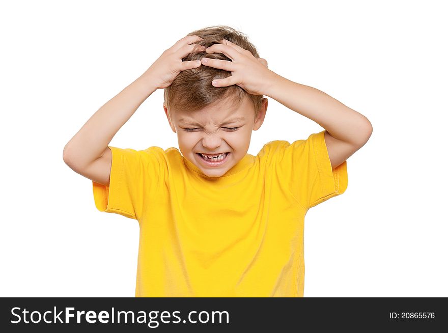 Portrait of shocked little boy with hands on head over white background. Portrait of shocked little boy with hands on head over white background