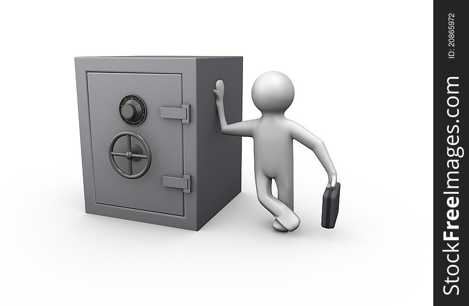 Render of a person leaning against a safe