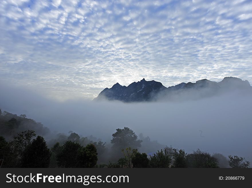 Limestone mountain in the fog