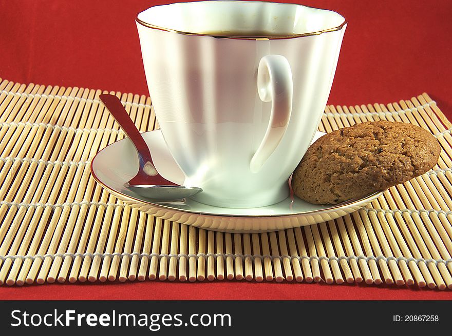 Cup of coffee and oatmeal cookie. Cup of coffee and oatmeal cookie