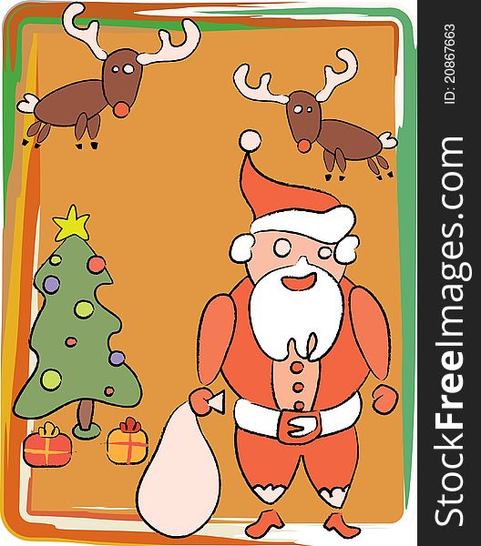 An image of santa, a holiday tree, reindeer, and presents! Vector. An image of santa, a holiday tree, reindeer, and presents! Vector
