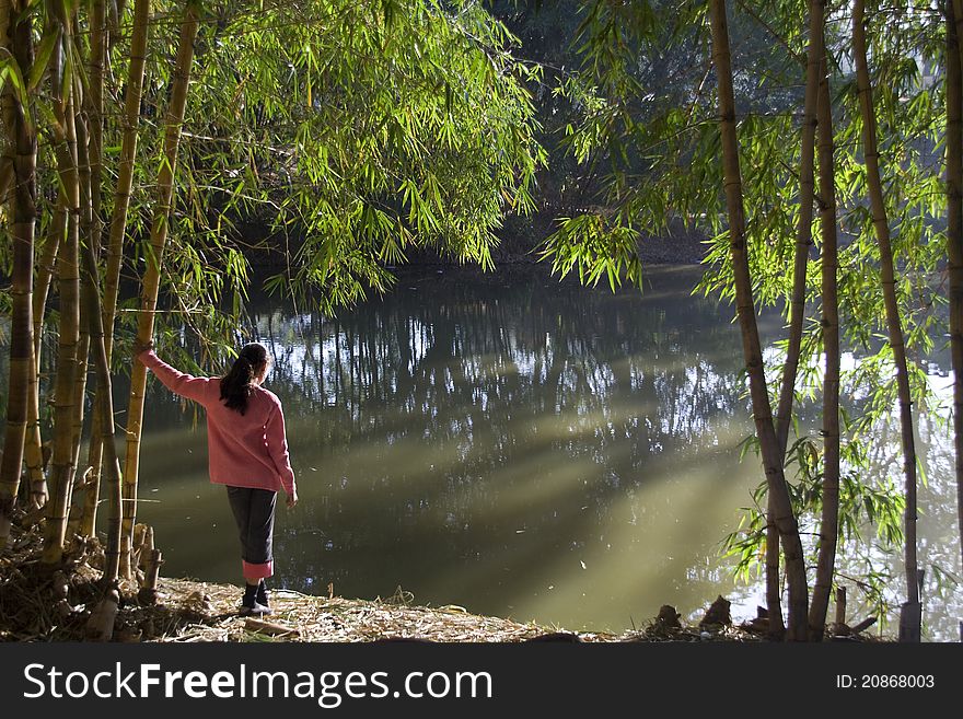 Girl in red sweater keenly watches beauty of nature in morning sunlight. Girl in red sweater keenly watches beauty of nature in morning sunlight