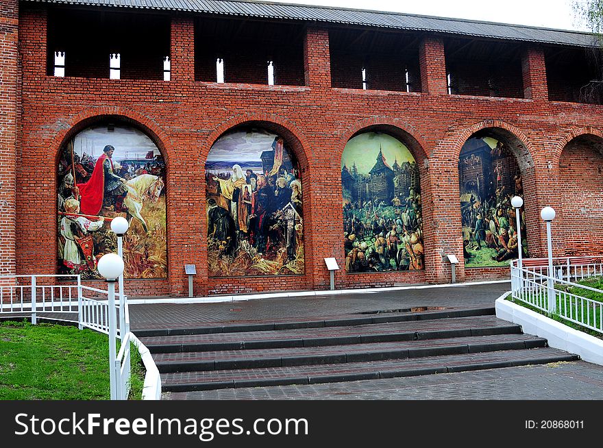 Picturesque cloths on walls of the Ancient Kremlin of the city of Kolomna. On cloths key scenes of origin of the Old Russian state are embodied. Picturesque cloths on walls of the Ancient Kremlin of the city of Kolomna. On cloths key scenes of origin of the Old Russian state are embodied.