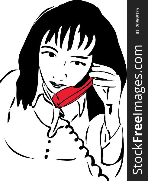 Sketch of a girl talking on the phone the red