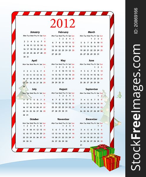 Vector illustration of European calendar 2012 with gift boxes, starting from Mondays