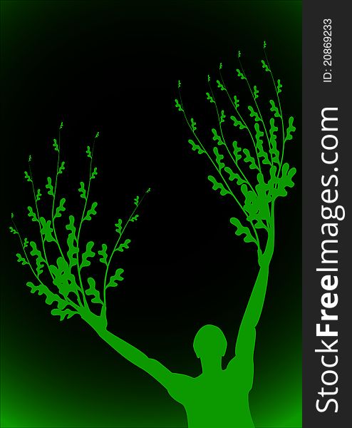 Silhouette of man with branches on the fingers. Silhouette of man with branches on the fingers