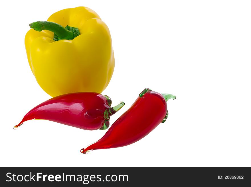 Yellow bell pepper and glass red chili pepper