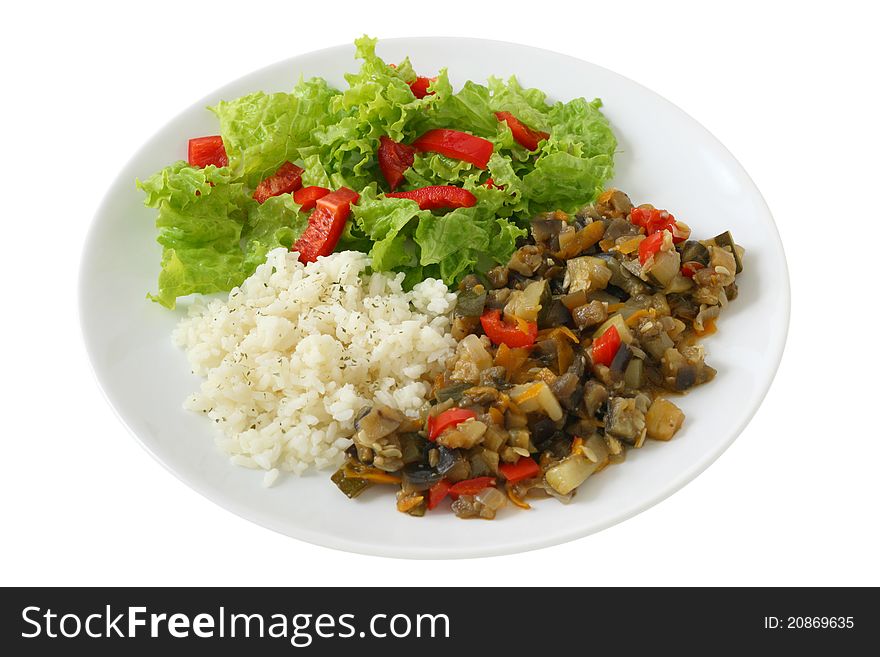 Boiled rice with vegetables and salad