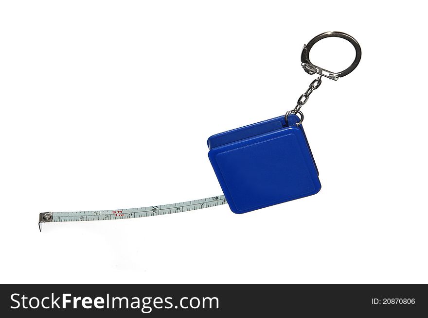 Small blue tape measure isolated on white