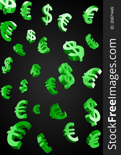 Green Evro and Dollar signs rain.On a black background