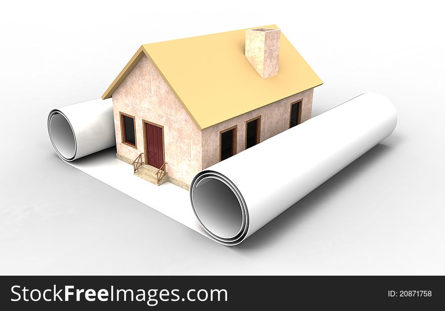 3d render of  small house on a sheet of paper