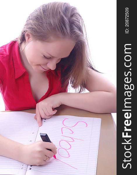 Bright picture of student girl writing with marker
