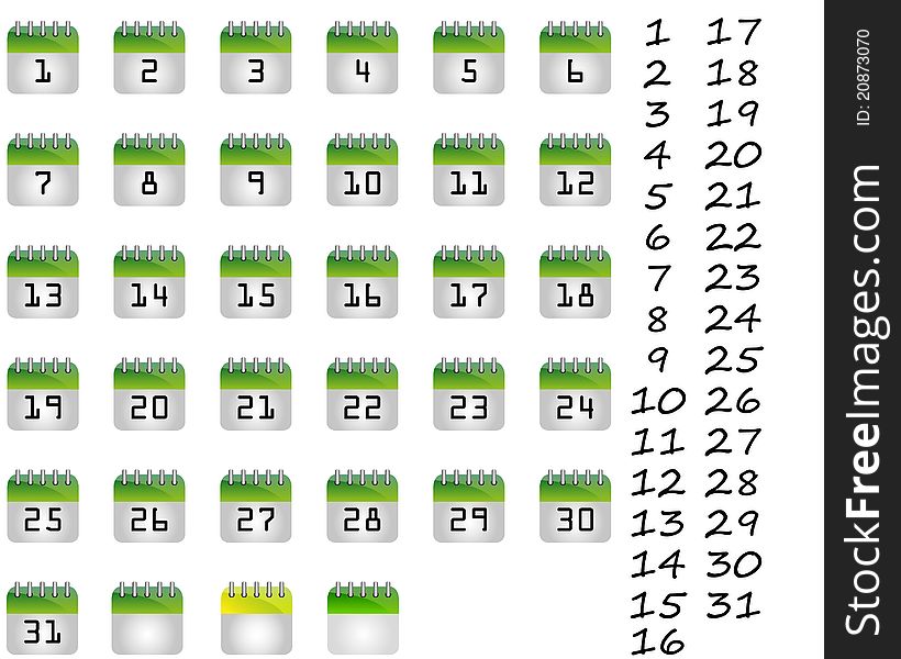 Set of green calendar holydays pages. Set of green calendar holydays pages