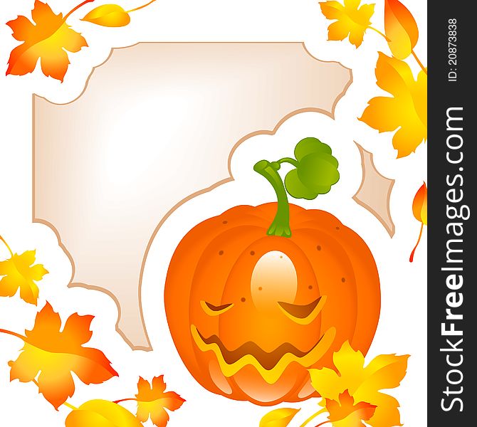 Halloween pumpkin with maple leaves and place for text