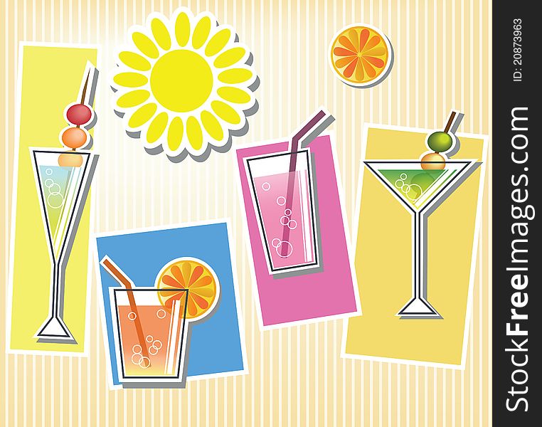 A collection of summer cocktails on orange background