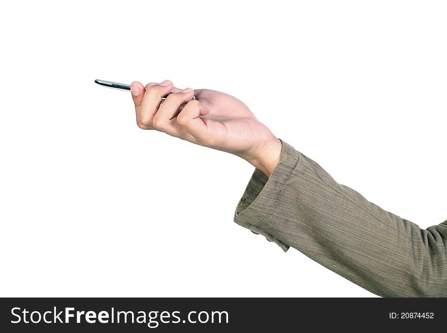 Mobile phone in hand isolated on white background