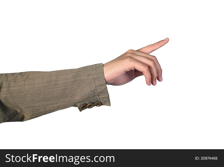 Man's hand pointing isolated on white