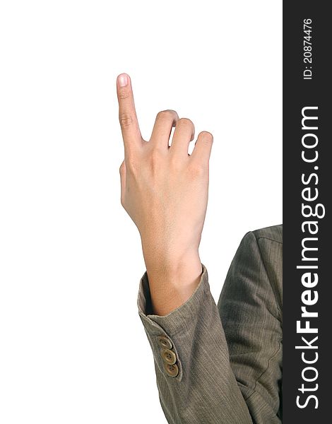 Man's hand pointing isolated on white