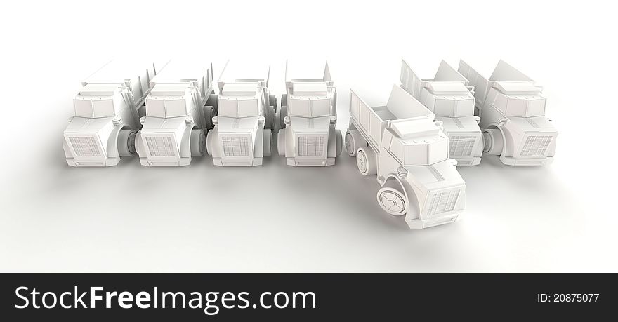 Computer generated row of trucks on white background. Computer generated row of trucks on white background