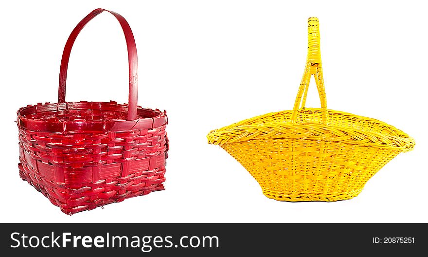 Two old braided baskets in red and yellow. Two old braided baskets in red and yellow.