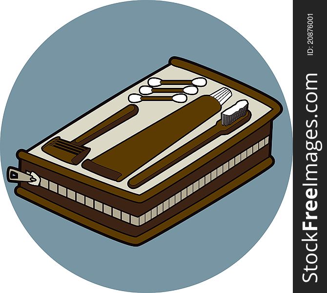 Retro spot illustration of a travel case and its contents which consists of cotton buds, razor, toothbrush and toothpaste. Retro spot illustration of a travel case and its contents which consists of cotton buds, razor, toothbrush and toothpaste.