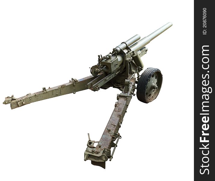 Artillery gun of the Second World War, isolated on a white background