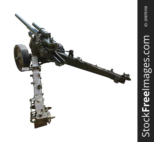 Artillery gun of the Second World War, isolated on a white background