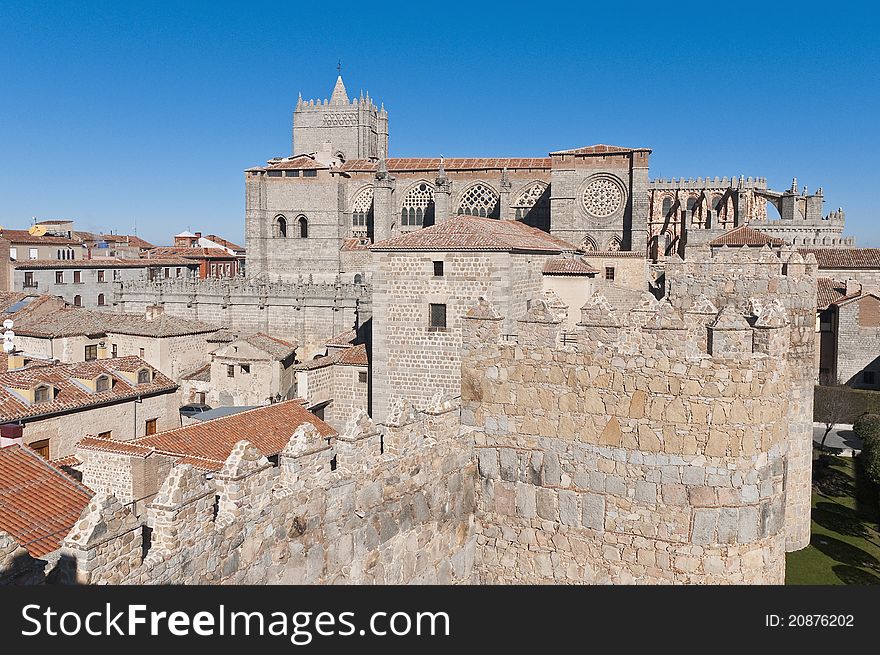 Del Salvador Cathedral as seen from the defensive walls at Avila, Spain. Del Salvador Cathedral as seen from the defensive walls at Avila, Spain