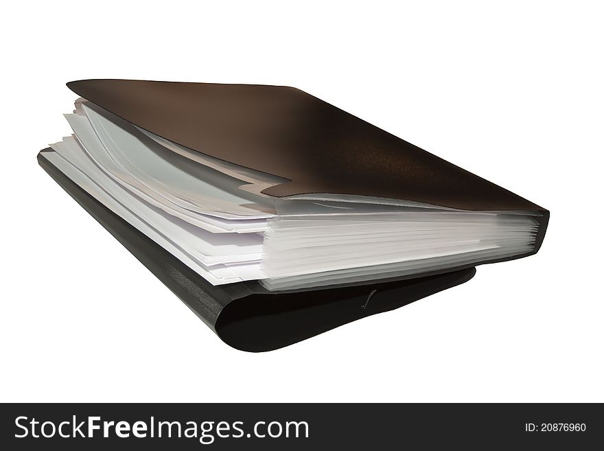 Open black folder with paper on a white background