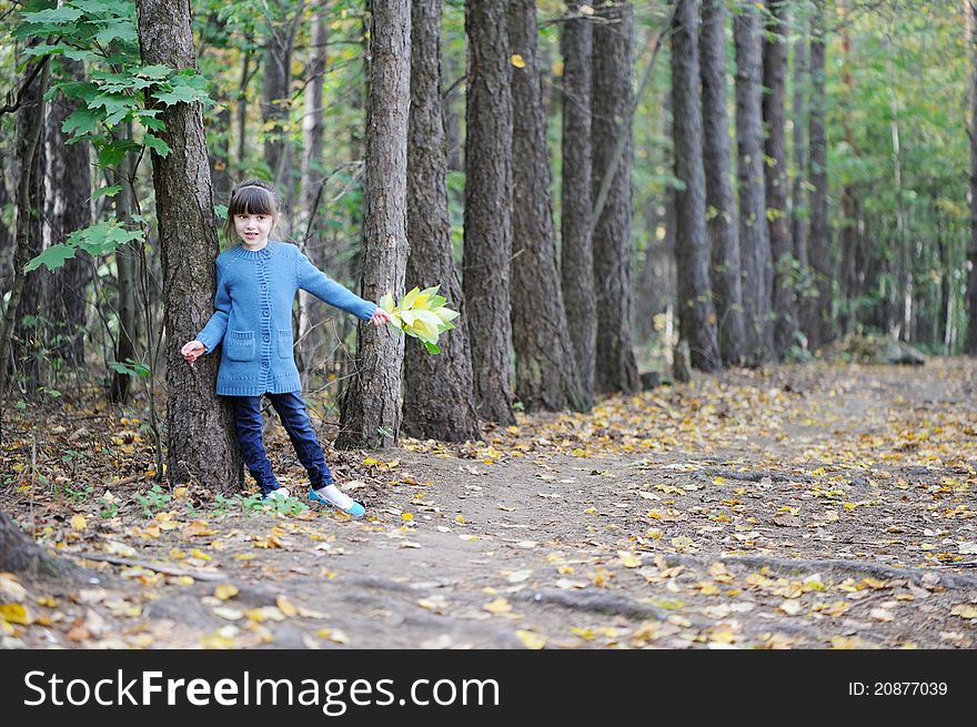 Adorable child girl in blue sweater on the road in autumn forest. Adorable child girl in blue sweater on the road in autumn forest