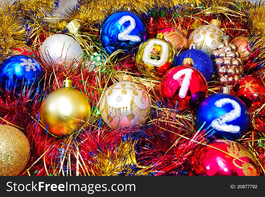 Christmas decorations. Christmas decorations and tinsel in different colors.