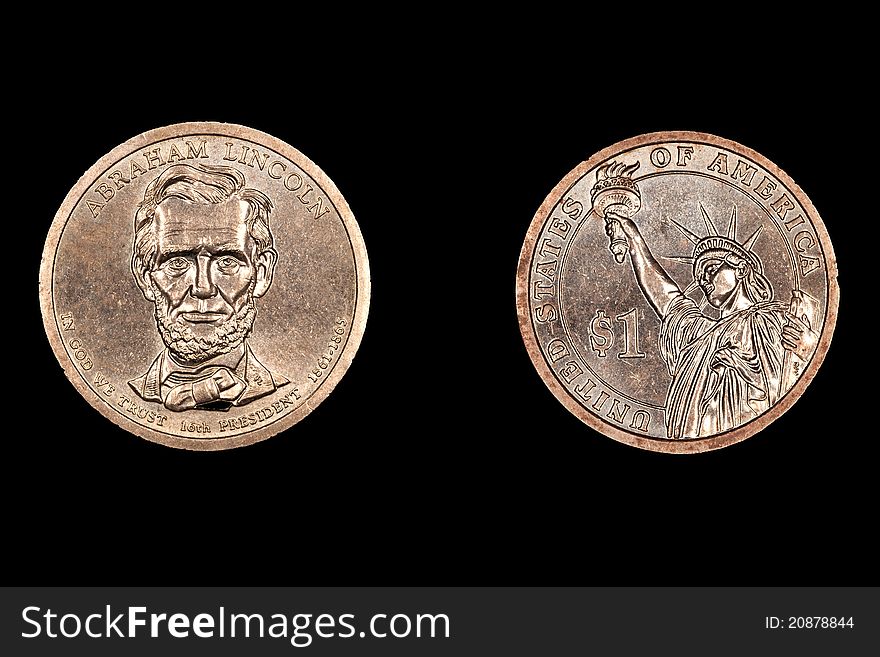 Front and back of USA Abraham Lincoln dollar coin. Front and back of USA Abraham Lincoln dollar coin
