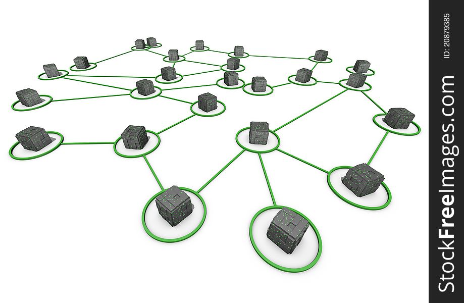 Render of a high-tech network of connected cubes. Render of a high-tech network of connected cubes
