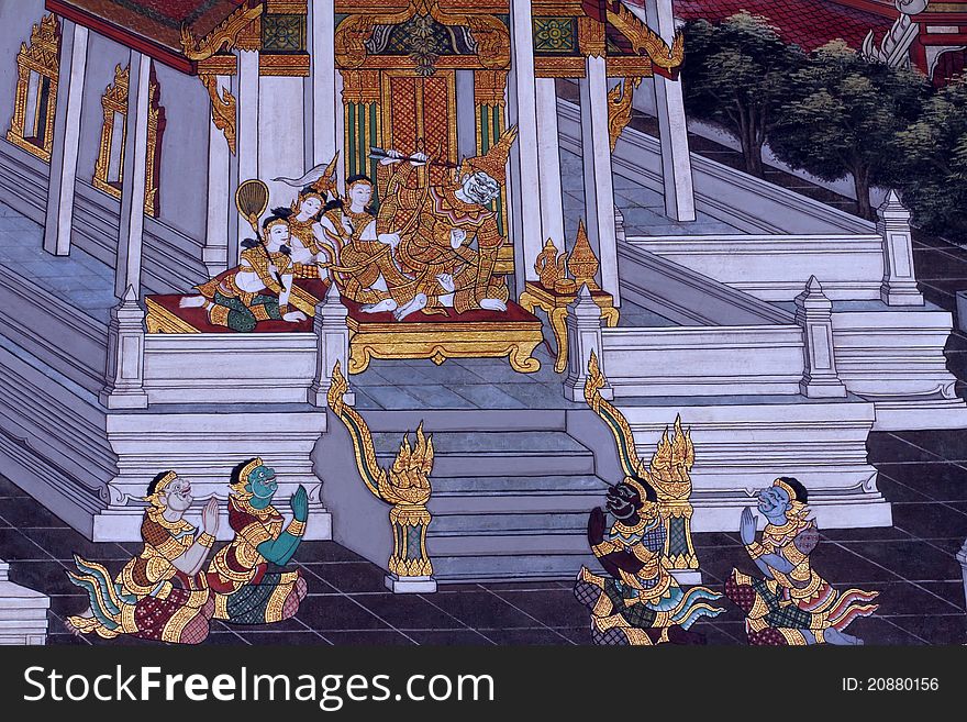 Traditional Thai art painting on a wall, the Emerald Buddha Temple